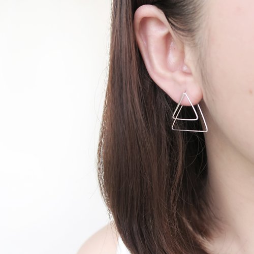 COOL & HOT 925純銀 經典款幾何雙層-方形、圓形、三角形 耳環 或 耳夾 一對