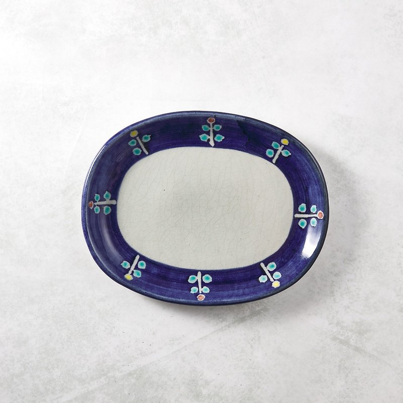 Oval Bread Pan with Blue Side Flowers - Plates & Trays - Pottery White
