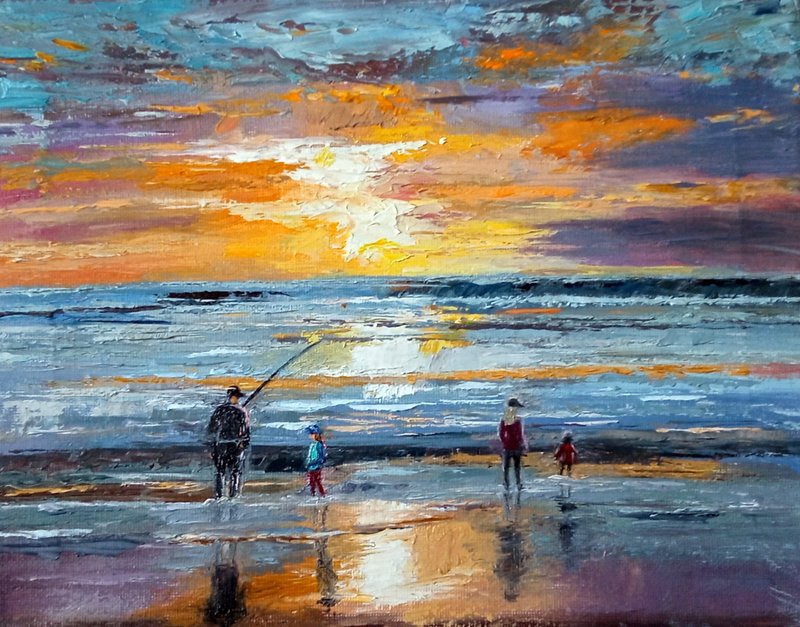 Family walk Original oil painting on canvas stretched, oil paints, 20x25 cm - ตกแต่งผนัง - วัสดุอื่นๆ 