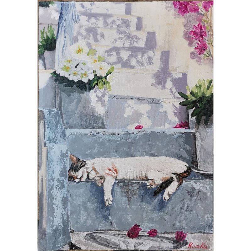 Sleeping Cat Original Framed Wall Art Scene Painting By RinaArtSK - Wall Décor - Other Materials Multicolor