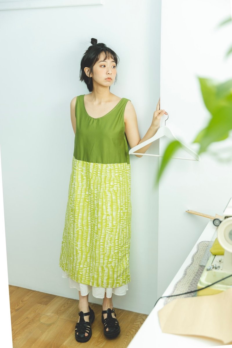 Iced matcha latte stitching cool vest dress - One Piece Dresses - Cotton & Hemp Green