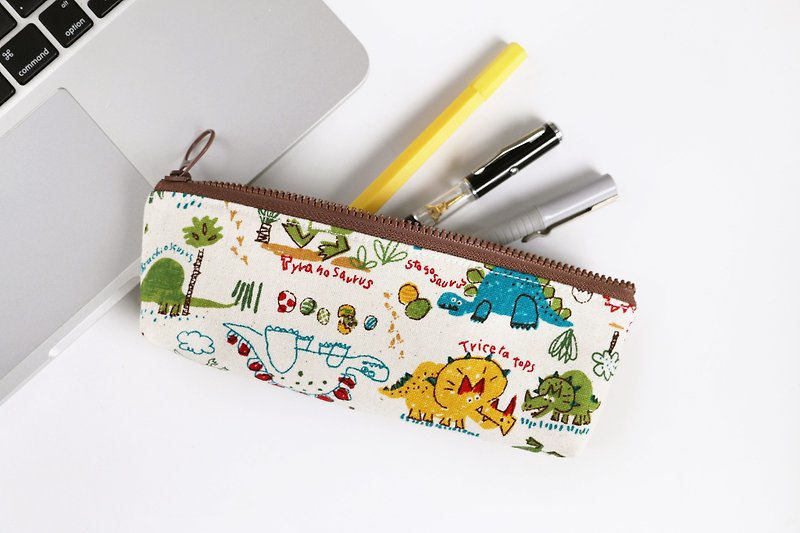 [Dinosaur] pencil case / YKK zipper stationery bag storage bag glasses bag pencil case - กล่องดินสอ/ถุงดินสอ - ผ้าฝ้าย/ผ้าลินิน สีนำ้ตาล