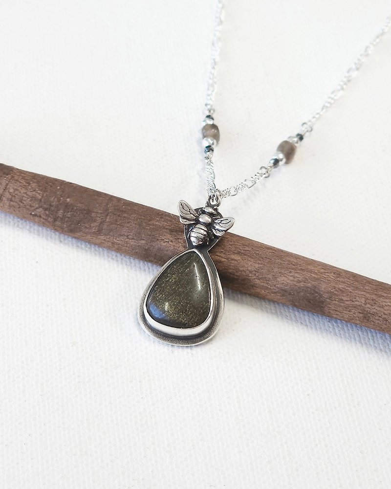 Bee with Gold Sheen Obsidian Gemstone Handmade Sterling Silver Necklace - Necklaces - Silver Black