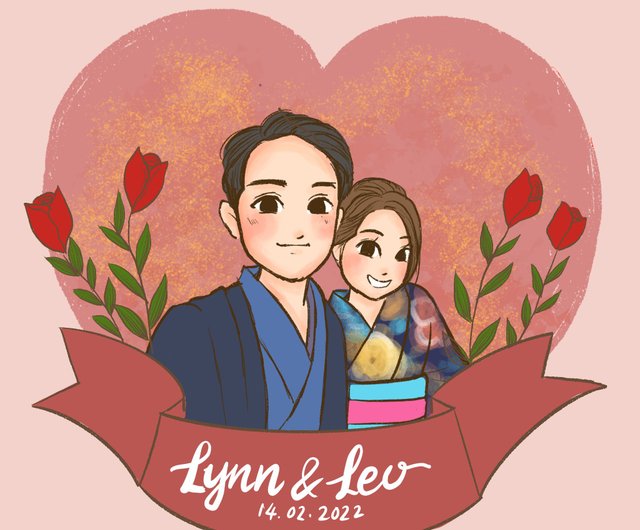 背景 記念日の贈り物 カスタマイズされたカップルのイラスト 電子 ショップ Haya Illustration 似顔絵 Pinkoi