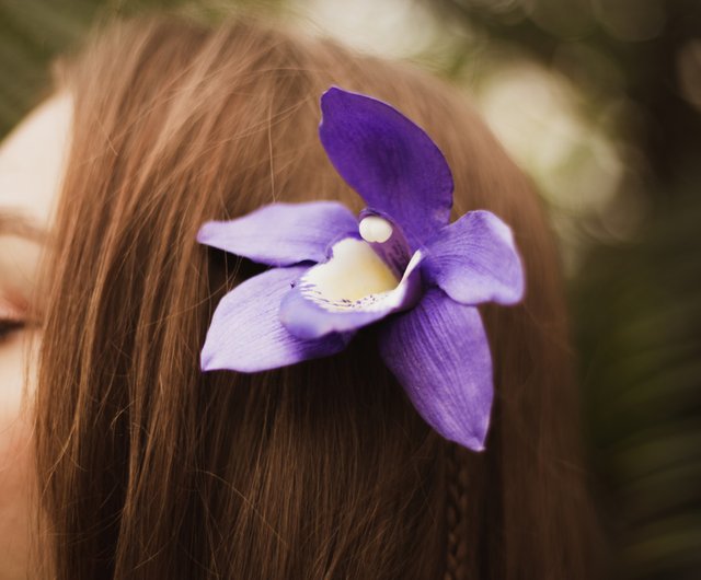 Purple orchid flower clip hair pin tiki hair flower for tropical