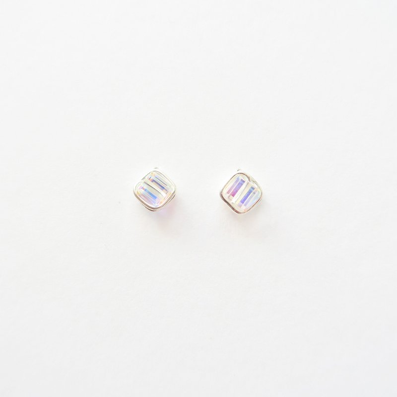 925 sterling silver ice diamond square colored crystal earrings- Clip-On - ต่างหู - เงินแท้ ขาว