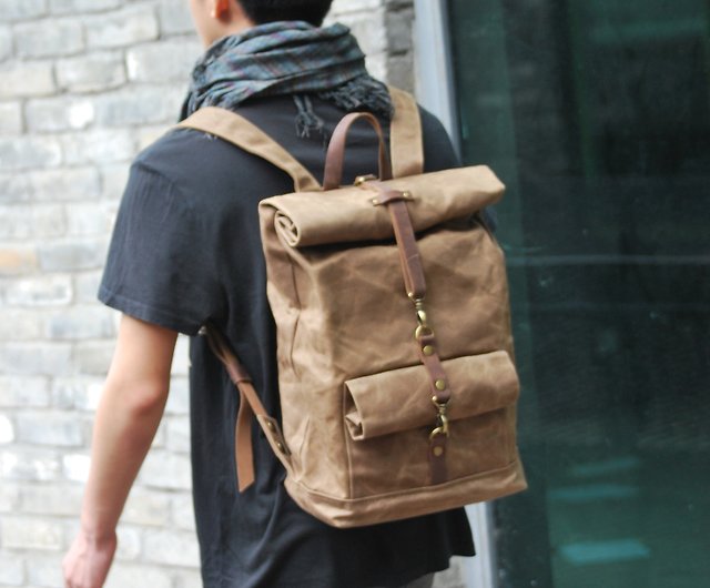 Genuine Leather & Waxed Canvas Roll Top Backpack / Waterproof Backpack -  Shop Kinies Backpacks - Pinkoi