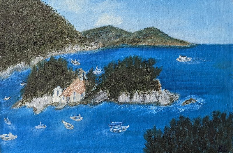Oil Painting Boat Wall Art Island Seascape Original Art Greece Bay Calm Boats