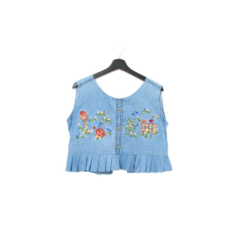 Back to Green-丹寧刺繡背心 花園郵箱 淺藍dv-20//vintage vest - 背心/無袖上衣 - 棉．麻 