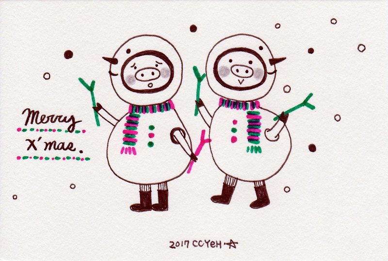 [聖誕豬豬寶-手繪祝福明信片]一起當雪人好嗎? - 心意卡/卡片 - 紙 