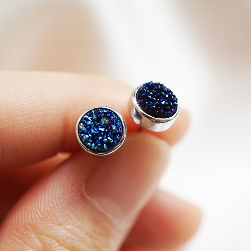 Blue Druzy Stud Earrings - 925 Sterling Silver - Necklaces - Gemstone Blue