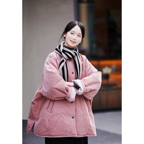 荒腔 櫻花粉保暖寬松翻領襯衫式羽絨服
