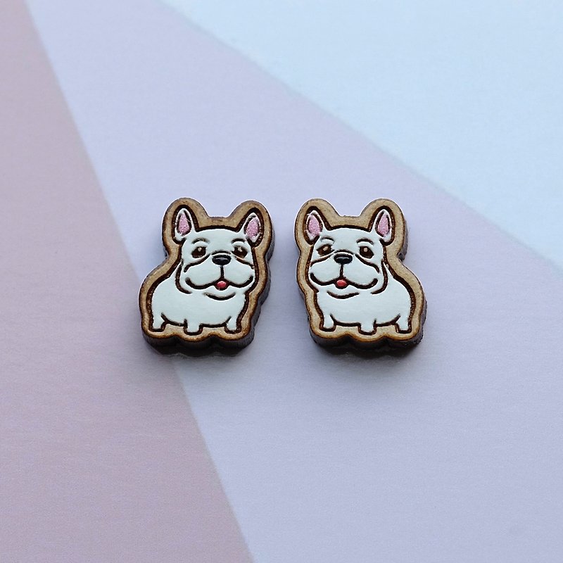 Painted wood earrings-Cute French Bulldog - Earrings & Clip-ons - Wood White