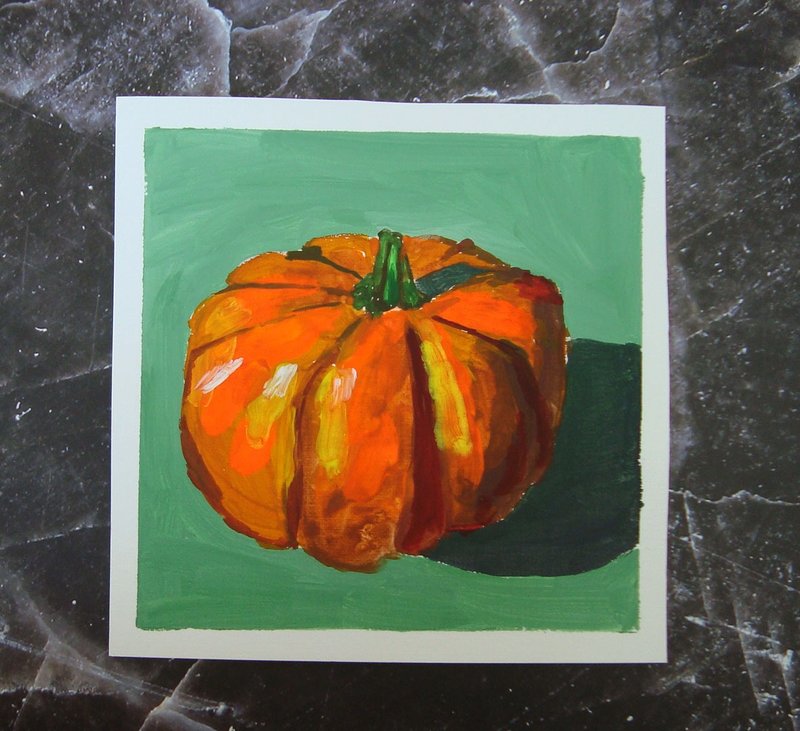 Gouache painting pumpkin still life, Original Art - Wall Décor - Paper Green