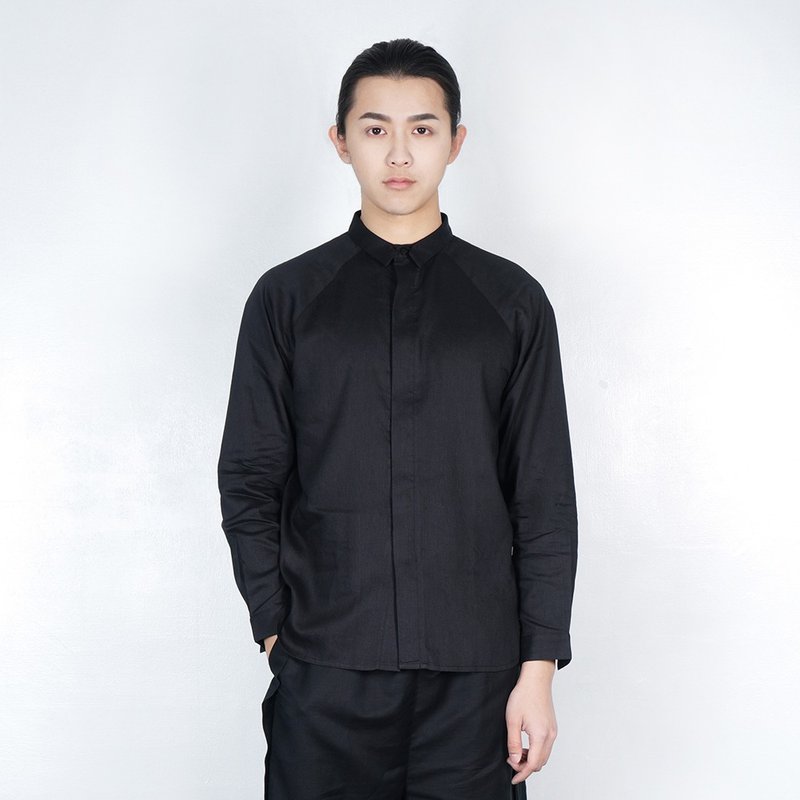 Black and White Cut SS Front Lachlan Long Sleeve Shirt Black - เสื้อเชิ้ตผู้ชาย - ผ้าฝ้าย/ผ้าลินิน สีดำ