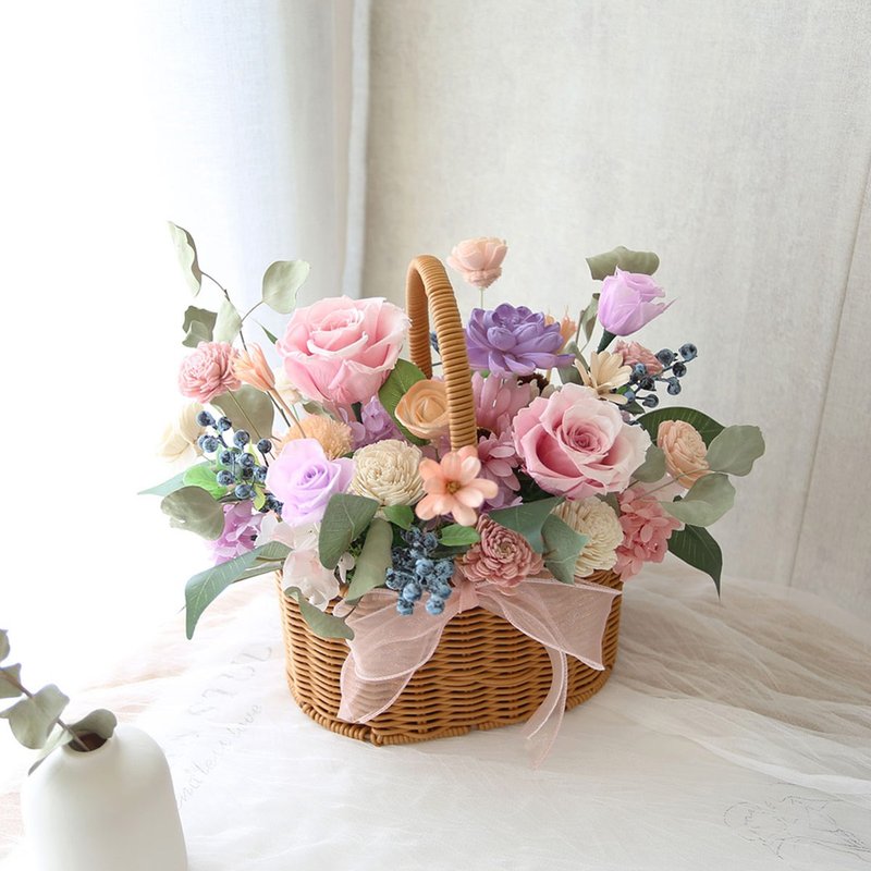 T34 pink and purple rattan flower basket/everlasting flower basket/everlasting flower table flower/opening potted flower/opening table flower - ช่อดอกไม้แห้ง - พืช/ดอกไม้ สึชมพู