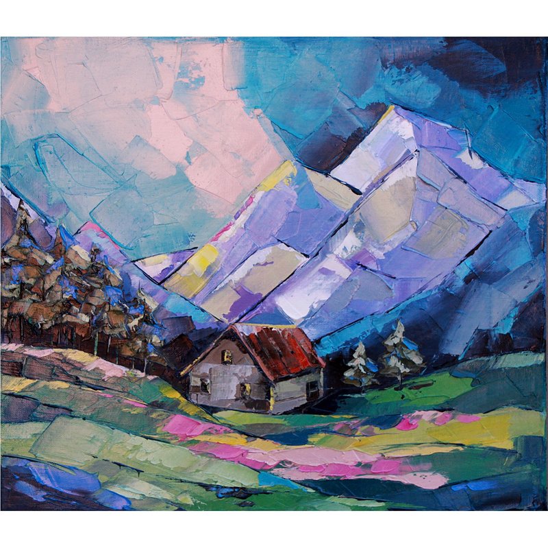 老房子 山水画 帆布山水艺术品 35 x 40 cm - 海報/掛畫/掛布 - 其他材質 藍色