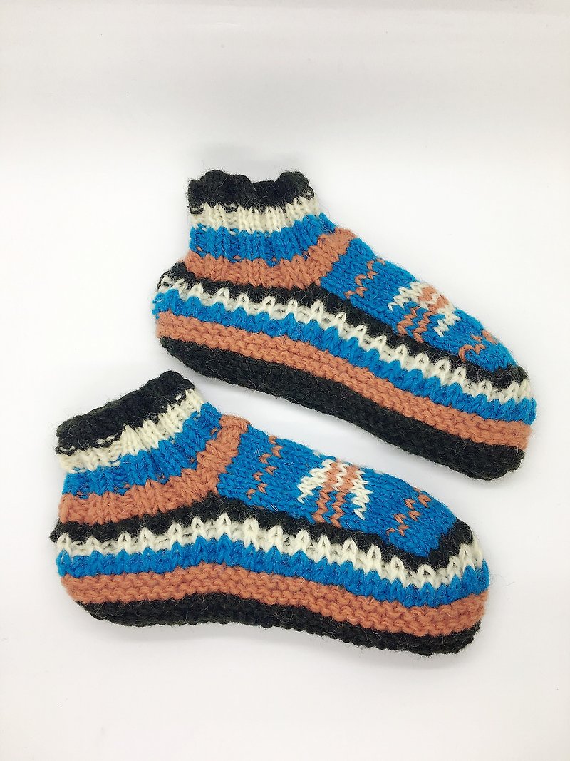 尼泊爾100%wool手工厚針織保暖羊毛襪-藍橘北歐系列 - 襪子 - 羊毛 藍色