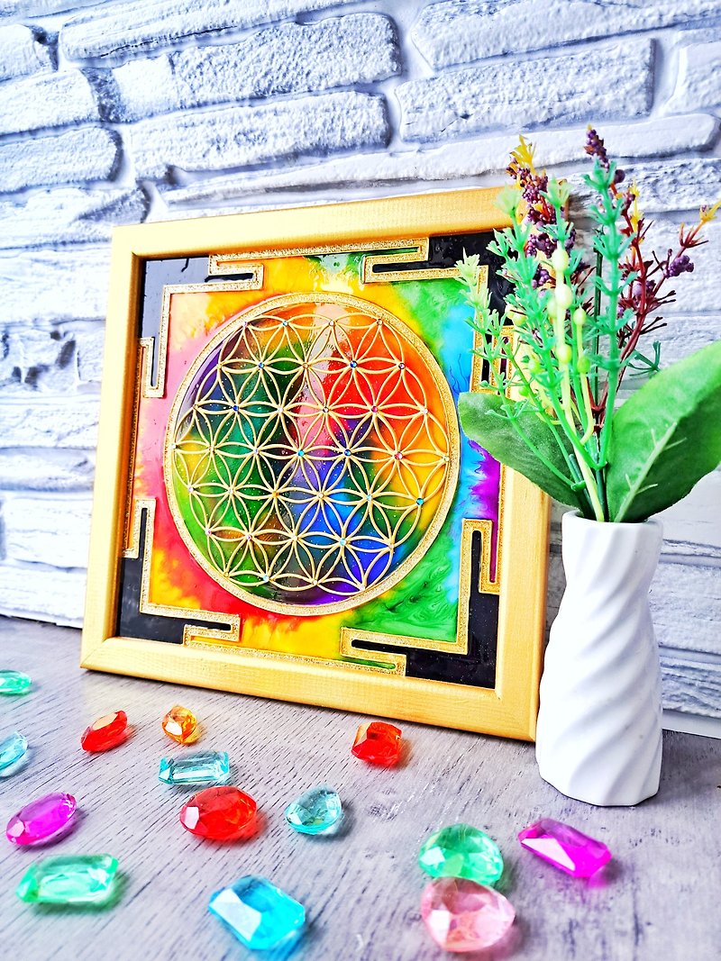 Stained glass paint Yantra Flower of Life Vedic astrology Mandala art Vastu - Wall Décor - Glass Multicolor