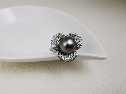 Athena珍珠設計 三葉草 大溪地黑珍珠 孔雀綠 滿鑲 純銀戒指