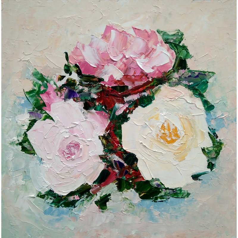 Peonies Painting Floral Original Art Flower Wall Art 手工油畫, 油畫原作 - โปสเตอร์ - วัสดุอื่นๆ หลากหลายสี