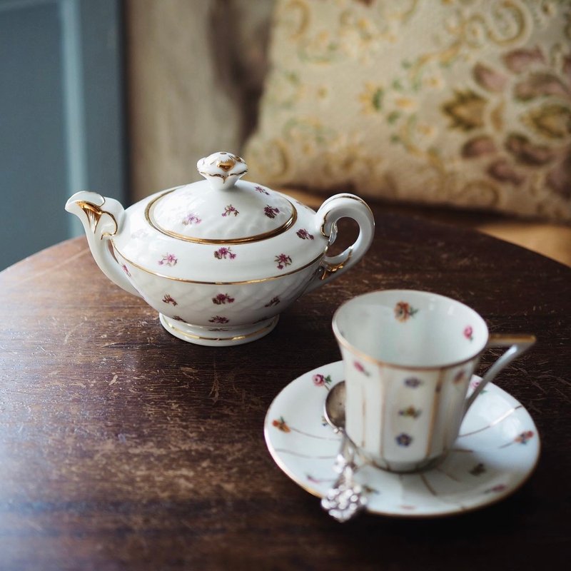 1930-50年法國 Limoges 復古小花茶壺 - 茶壺/茶杯/茶具 - 陶 白色