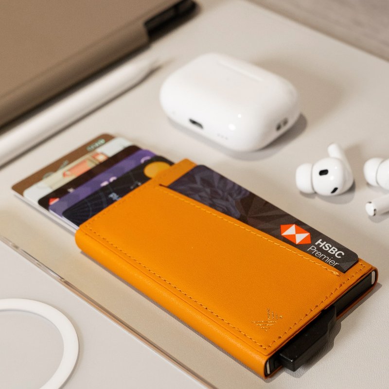 LUCID REFINED | 優質素皮革磁吸金屬卡套兼容MagSafe for iPhone - 名片夾/名片盒 - 人造皮革 橘色