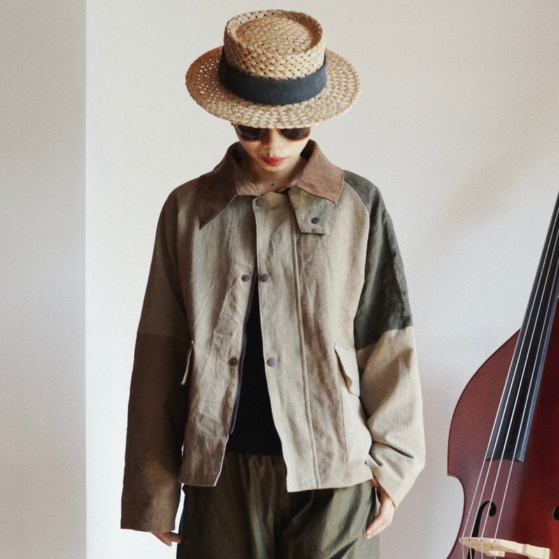 多重植物染色 秋冬中性英倫夾克短外套 手織布 拼布製作 - 女裝外套/大衣 - 棉．麻 卡其色