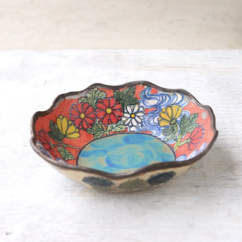 菊と流水模様の菊形鉢 - 皿・プレート - 陶器 多色