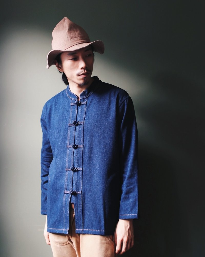 Omake Chinese knot Denim Shirt - Men's Shirts - Cotton & Hemp Blue