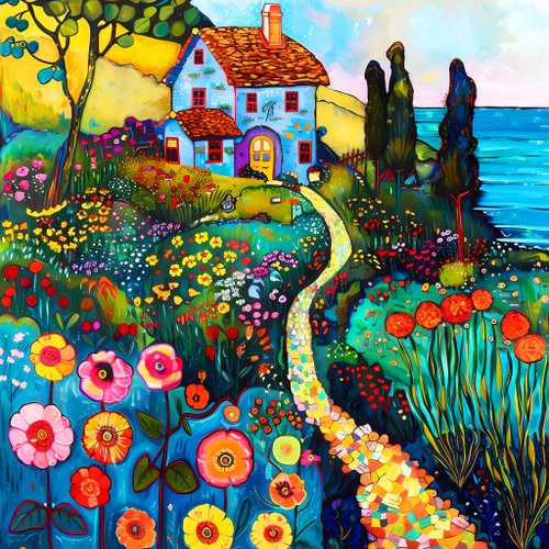 HOUSE-of-the-SUN-Art Cozy house near the sea. Bright colorful impressionistic floral landscape art