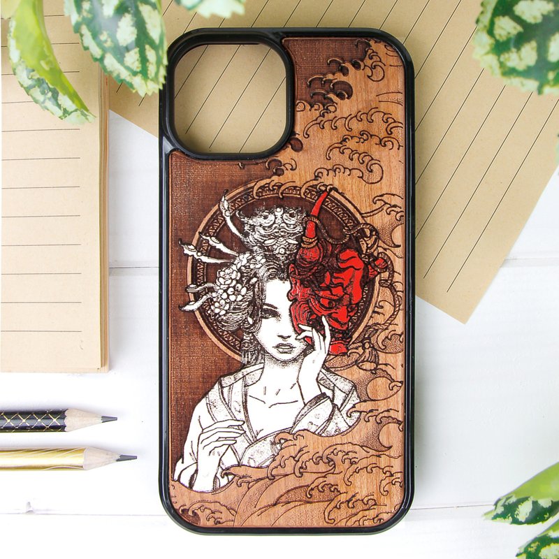 Geisha -  Phone case wood laser engraved + hand painting - 手機殼/手機套 - 木頭 咖啡色