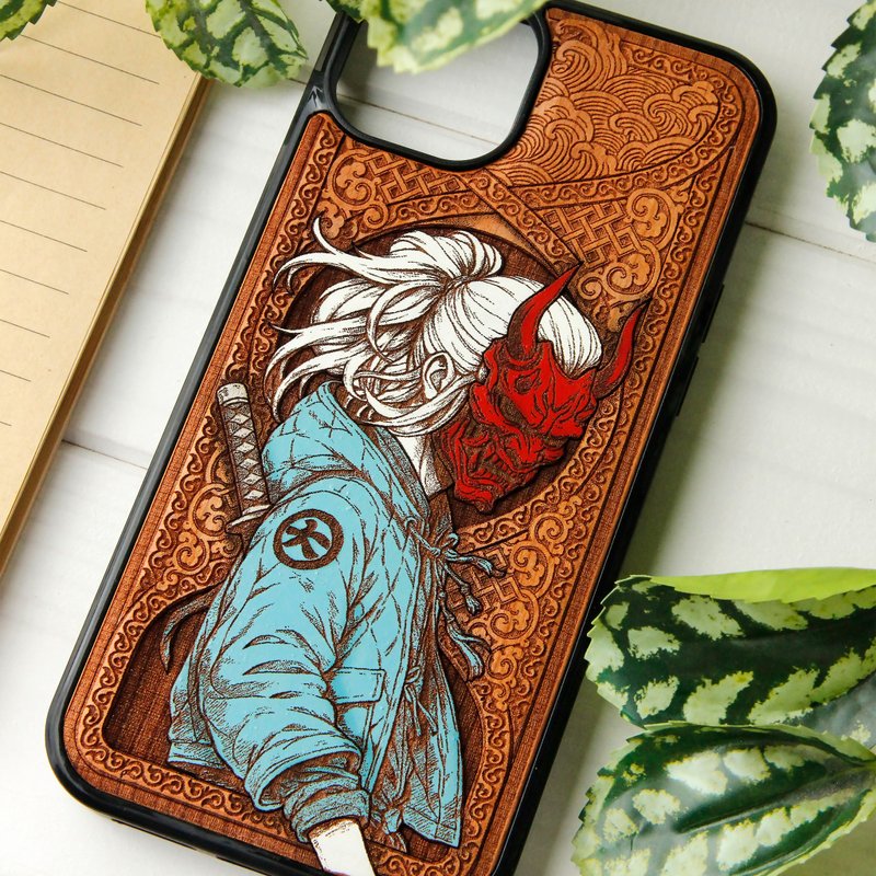 Oni Punk -  Phone case wood laser engraved + hand painting - 手機殼/手機套 - 木頭 咖啡色