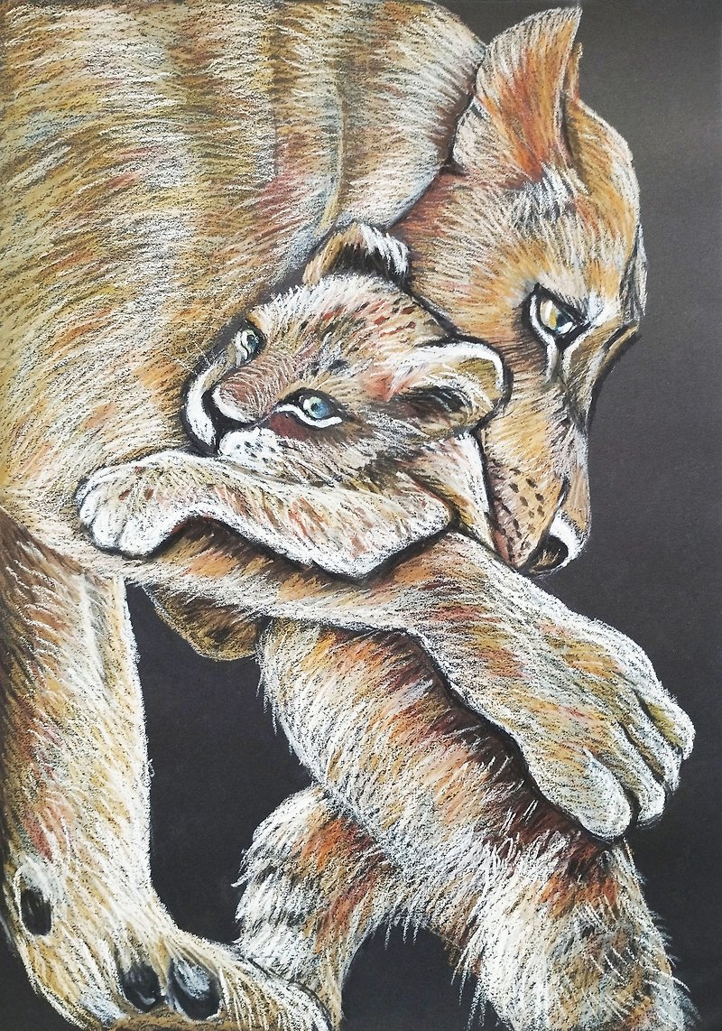 紙 壁貼/牆壁裝飾 咖啡色 - Mom's love Lioness and Cubs Art Pastel Portrait animal  painting children's room