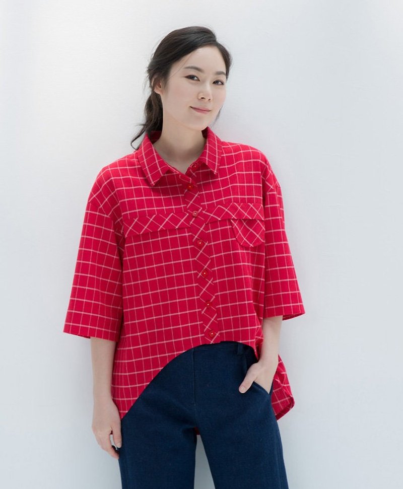 Dreams pocket shape shirt - red grid - เสื้อเชิ้ตผู้หญิง - ผ้าฝ้าย/ผ้าลินิน สีแดง
