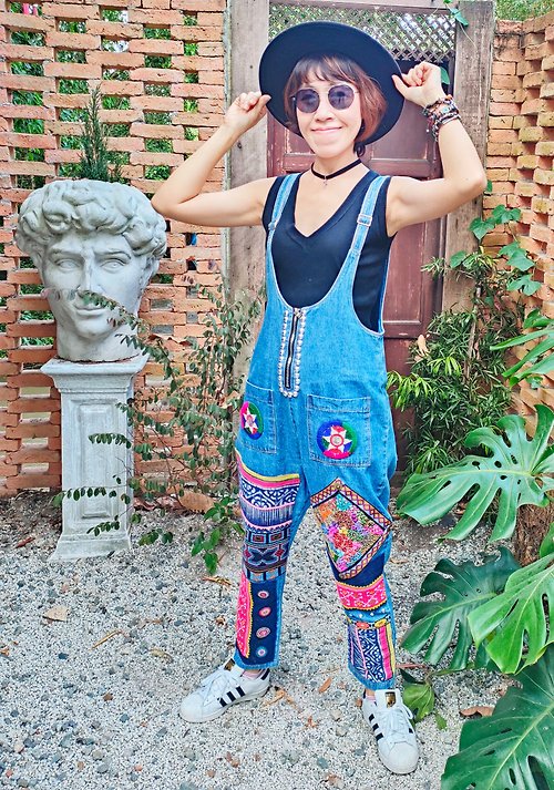 JaMil Tres Chic Style Denim overalls with embroidery tribal, handwoven fabric