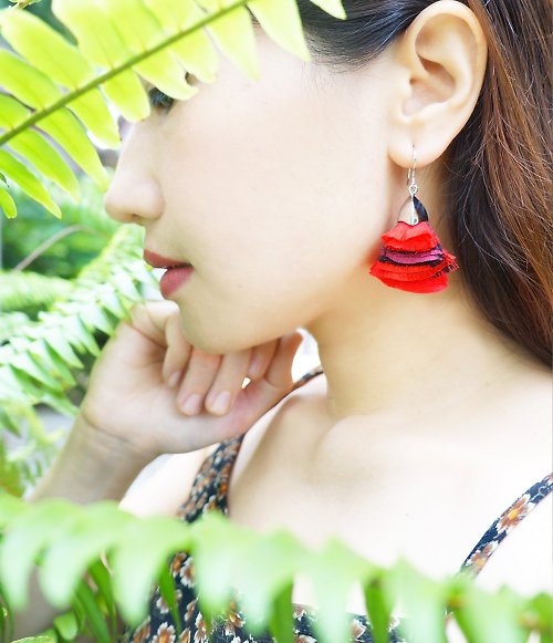laorr Thai silk Earrings (Size : L) BB collection Red-BLack-Silver Color metal