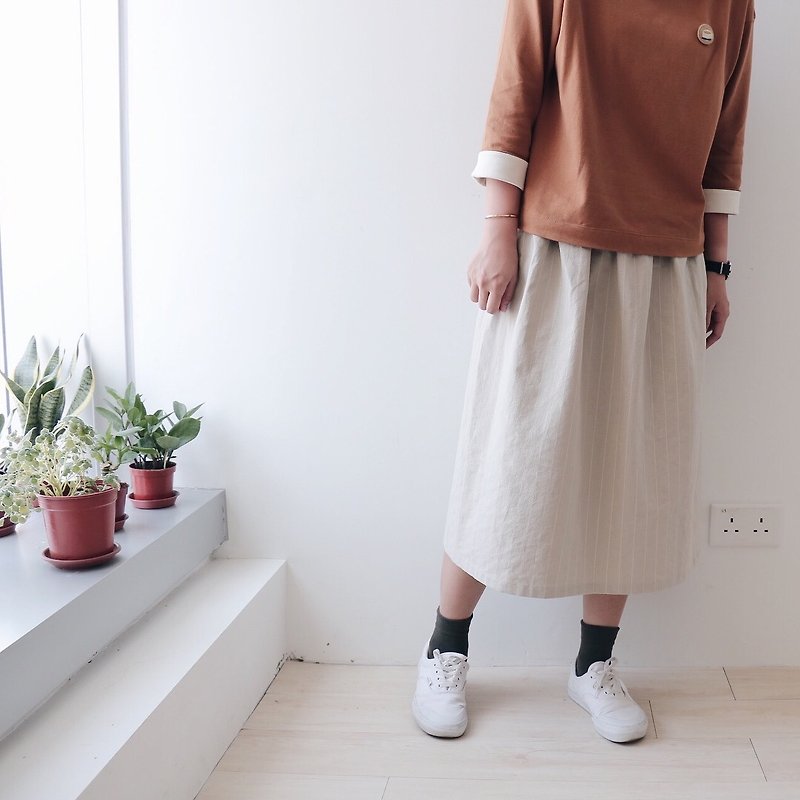 Homemade / beige striped skirt - กระโปรง - ผ้าฝ้าย/ผ้าลินิน หลากหลายสี
