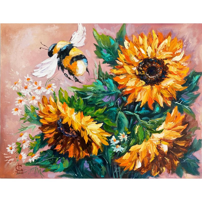 Sunflowers and bumblebee oil original painting flowers painting - 壁貼/牆壁裝飾 - 其他材質 