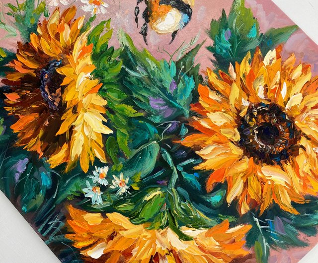 ひまわりとマルハナバチ油原画 花の絵 - ショップ Soulart