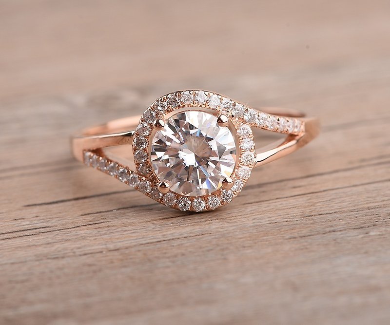 Halo Moissanite Engagement Ring in 18K Rose Gold, Diamond Alternative - General Rings - Rose Gold Blue
