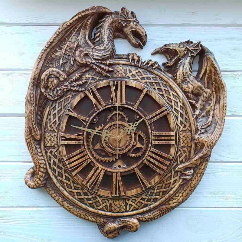 Dragon Clock Wood Carving Dragon Symbol Stylish Interior Cool Gift - 其他 - 木頭 咖啡色