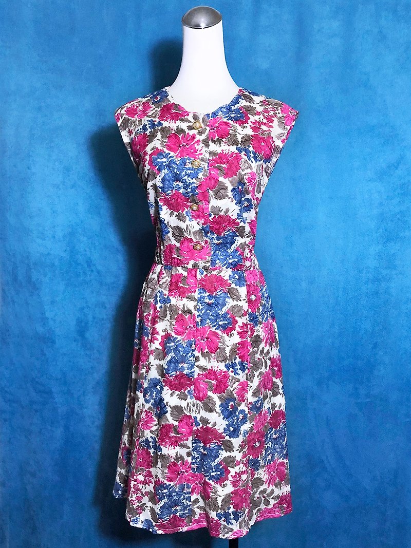 花朵織紋無袖古著洋裝/ 國外帶回 VINTAGE - 連身裙 - 聚酯纖維 粉紅色