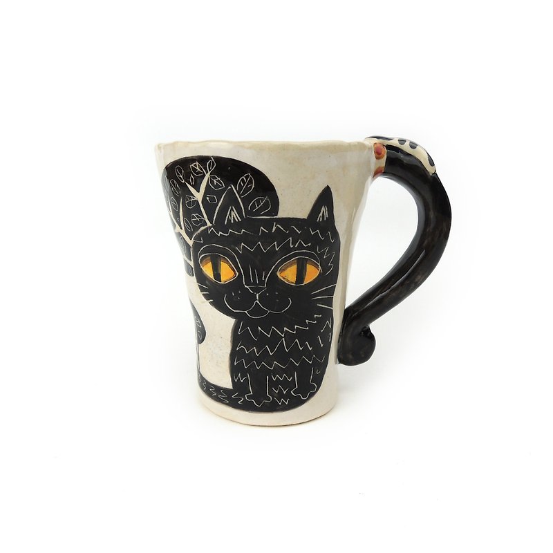 Nice Little Clay Handmade Bell Cup Cute Black Cat 0101-134 - Mugs - Pottery White