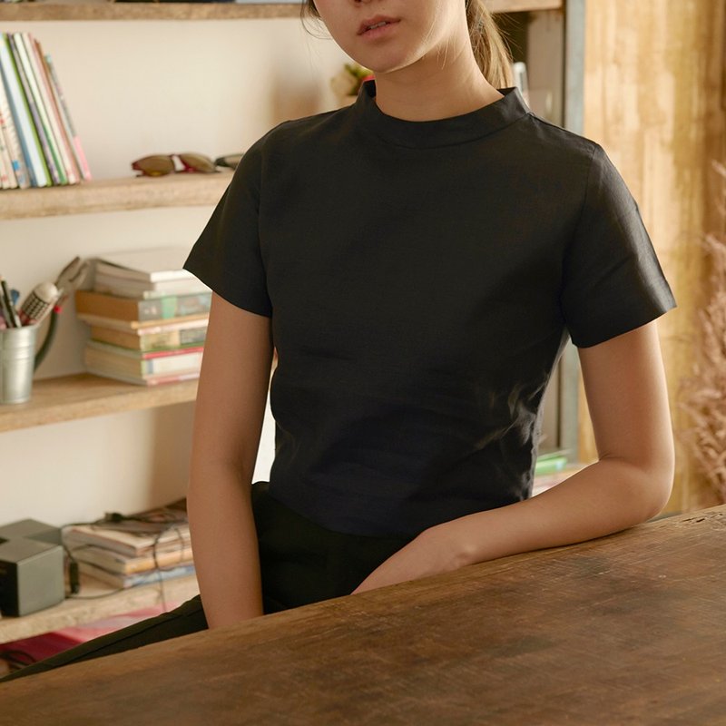 Hi Neck Crop Top (Navy) - 女上衣/長袖上衣 - 棉．麻 藍色