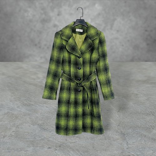 蘿綺莉蕾芭索 二手 鮮綠黑配色 格紋 毛料 微厚 附綁帶 口袋 合身 外套 OPME21