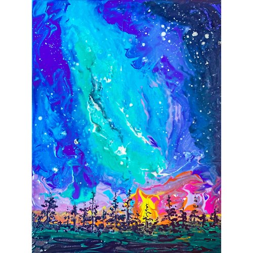 瑪格麗商店 Northern Lights Painting Galaxy Original Art Canvas Art Fluid Artwork Pine Tree