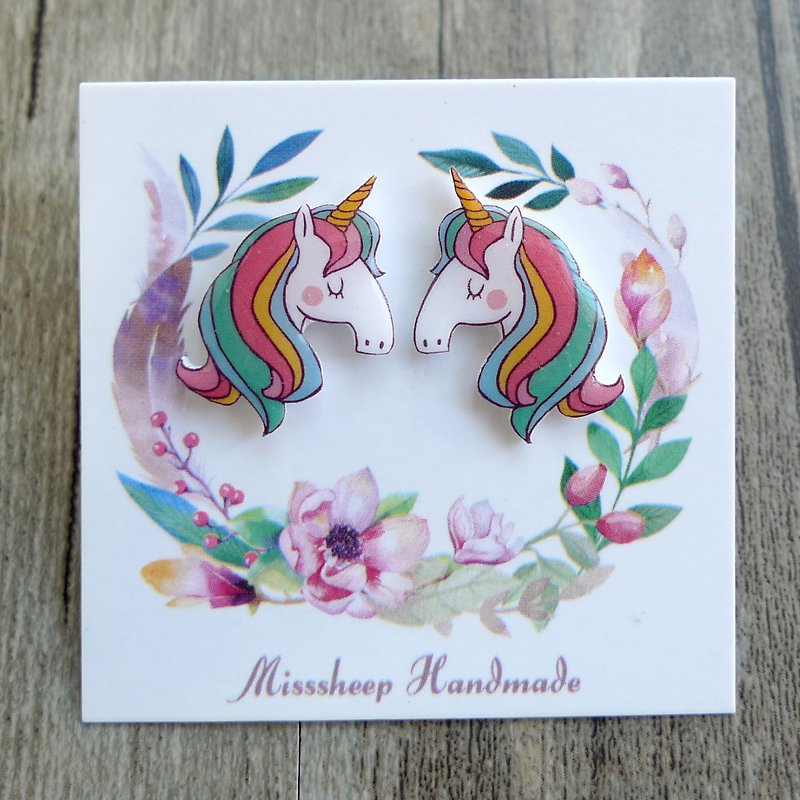 Misssheep-U52-color unicorn hand made earrings (ear pin / transparent ear clip) - ต่างหู - พลาสติก 