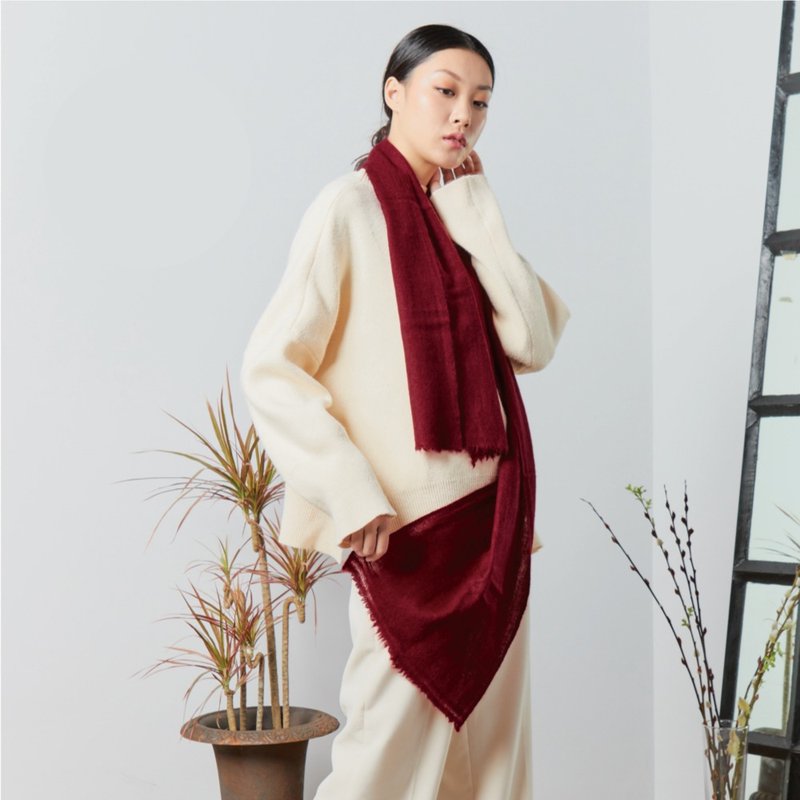 酒紅 | 窄版素面 喀什米爾圍巾 - 絲巾 - 羊毛 紅色