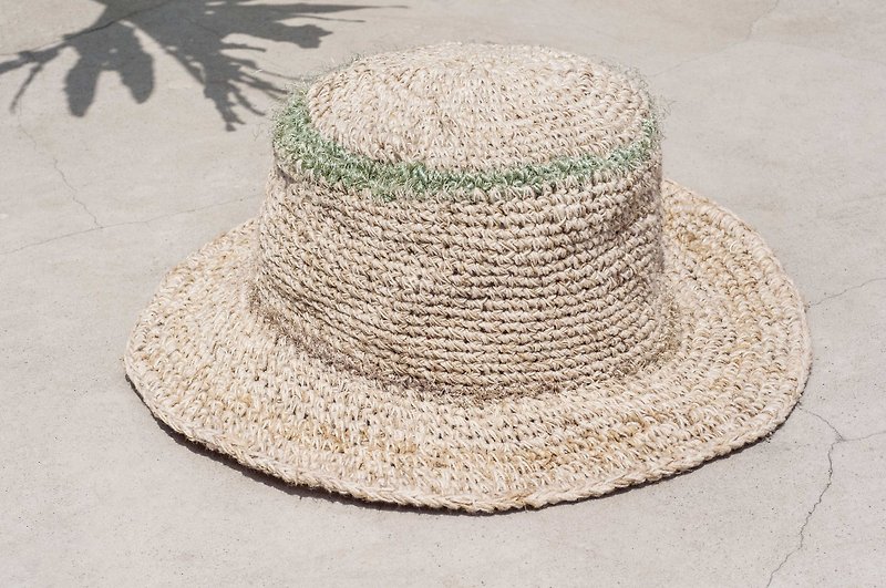 Hand-braided cotton Sari Linen straw cap knit cap hat straw hat - Sari streaks cap - หมวก - ผ้าฝ้าย/ผ้าลินิน สีกากี
